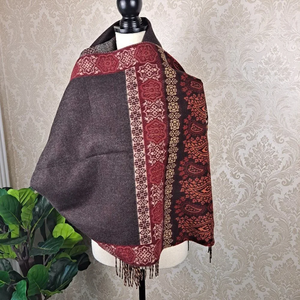 V. Fraas Cashmink 100% Acrylic Blanket Scarf Autumn Colors Paisley Fringe EUC